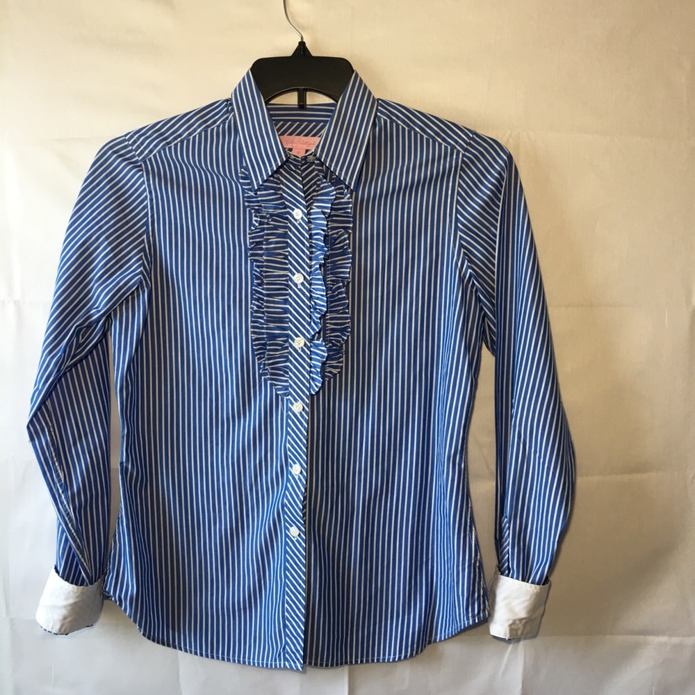 Blue white striped button down ruffle shirt